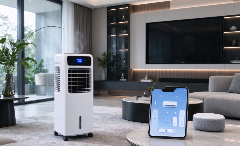 LG smart portable air conditioner controlled via smartphone app in modern living room
