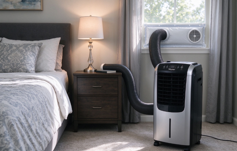 Whynter ARC-14S dual hose portable air conditioner in a bedroom