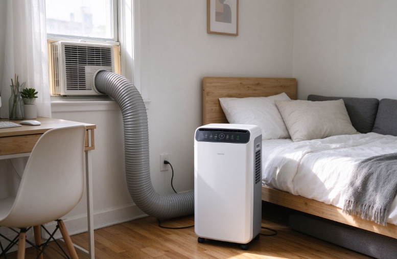Whynter ARC-14S dual hose portable air conditioner in a bedroom
